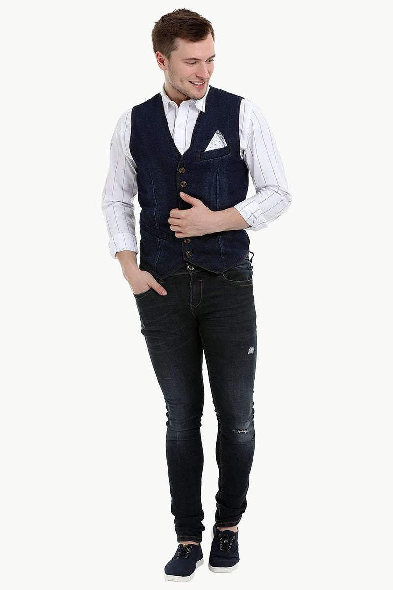 Men's Sleeveless Denim Buttoned Navy Waistcoat