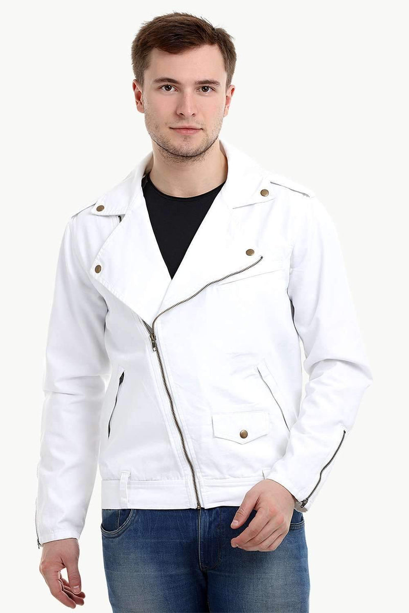 Men's White Biker Zipper Twill Denim Jacket