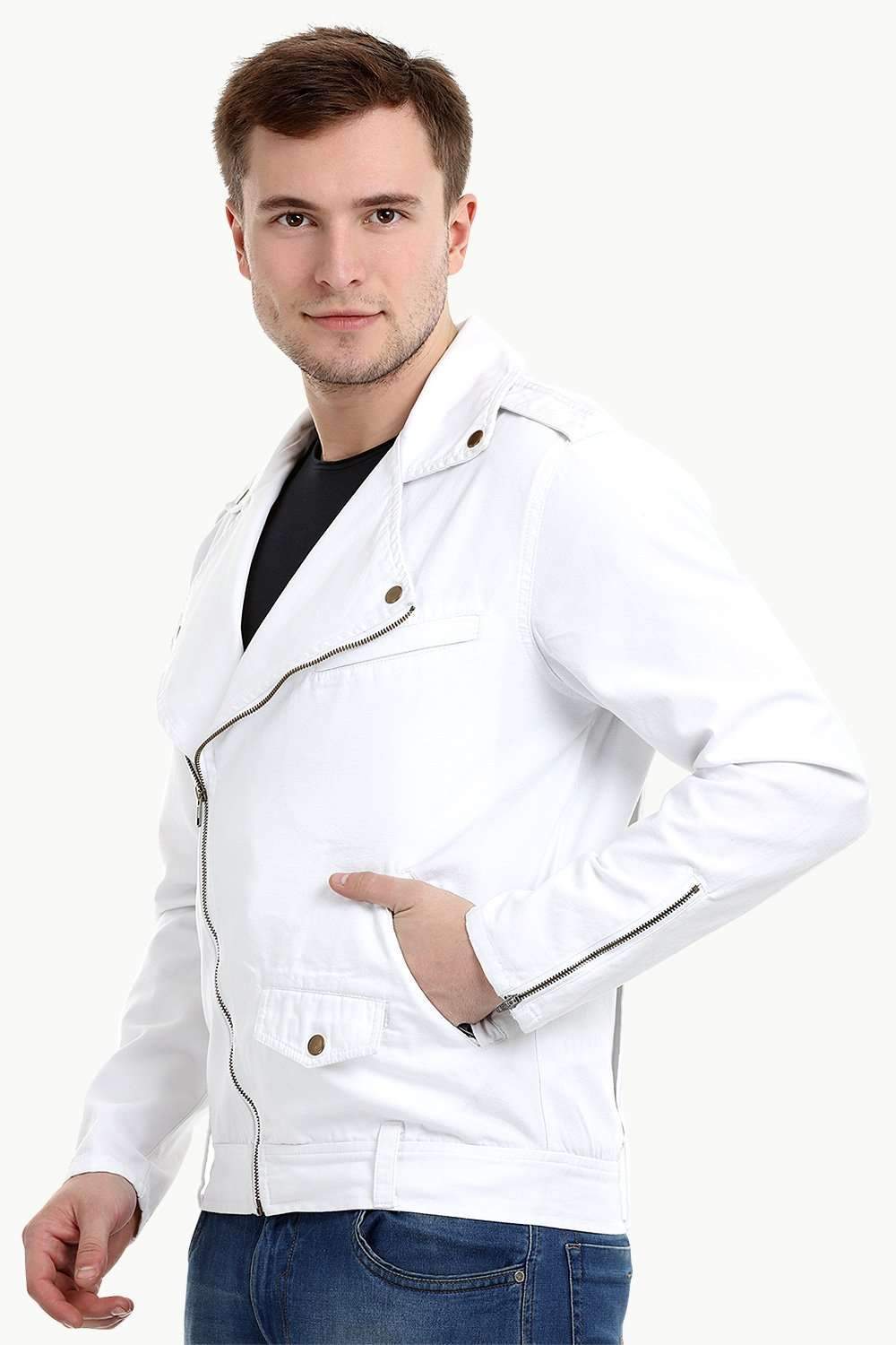 Men's White Biker Zipper Twill Denim Jacket – brinell