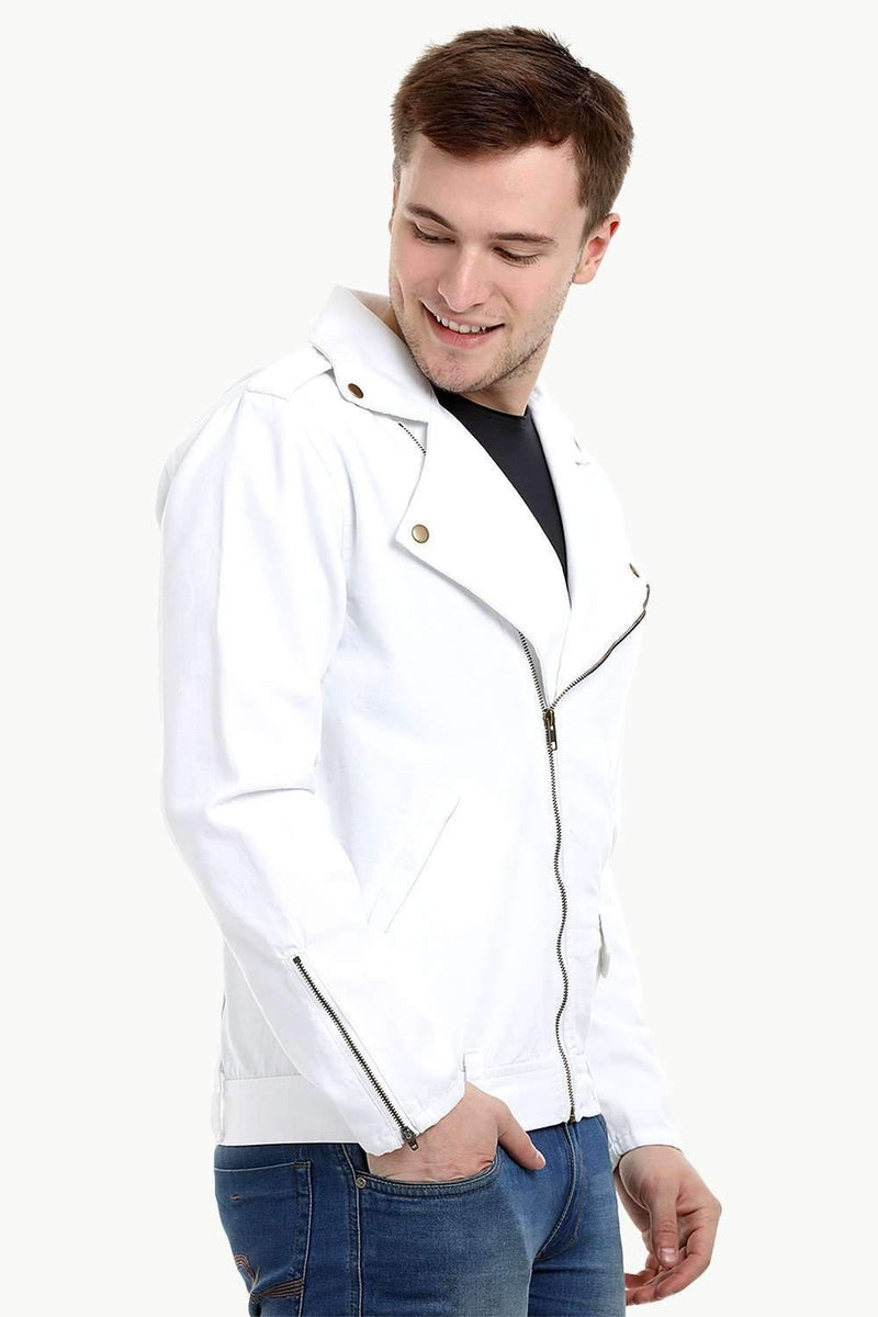 Men's White Biker Zipper Twill Denim Jacket