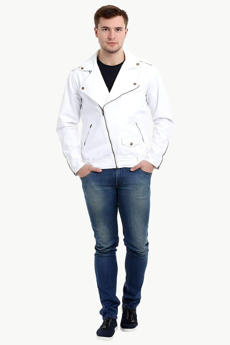 Men's White Biker Zipper Twill Denim Jacket