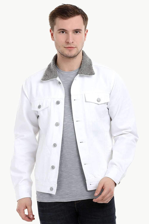 Men's White Sherpa Collar Twill Denim Jacket