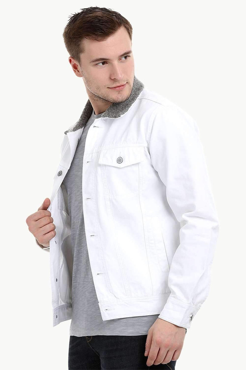 Men's White Sherpa Collar Twill Denim Jacket