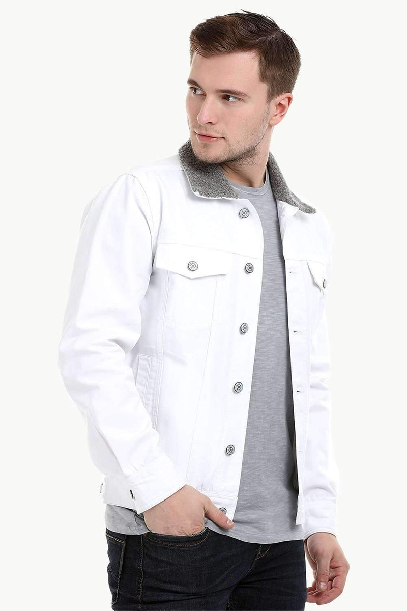 Men's White Sherpa Collar Twill Denim Jacket