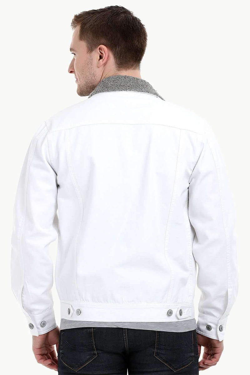 Men's White Sherpa Collar Twill Denim Jacket