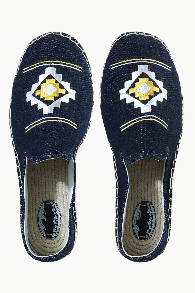 Mens Navy Denim Aztec Embroidered Espadrilles