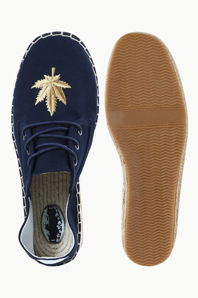 Mens Navy Leaf Embroidered Espadrilles