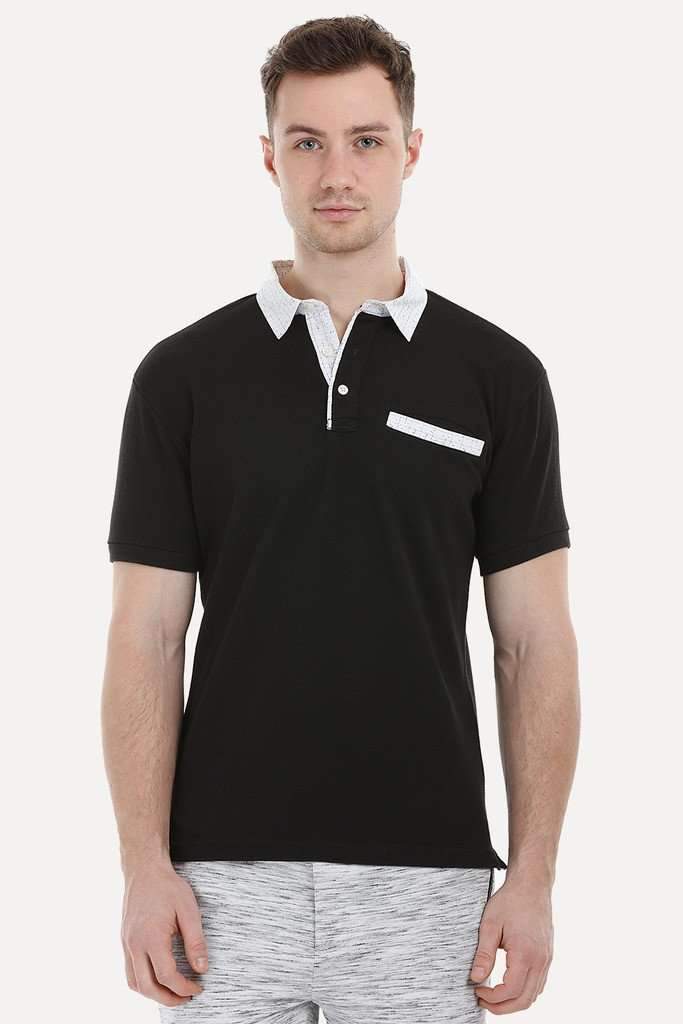 Black Printed Collar Polo T-Shirt