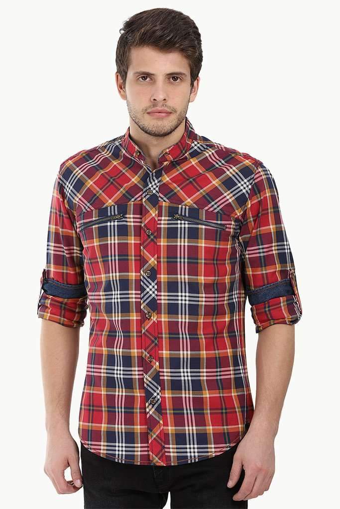 Chinese Collar Plaid Shirt With Zipper Detail – brinell