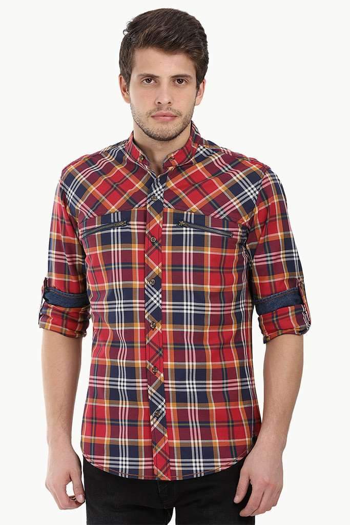 Chinese Collar Plaid Shirt With Zipper Detail