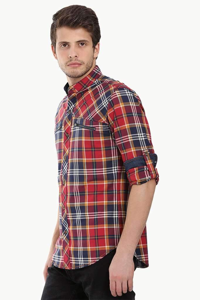 Chinese Collar Plaid Shirt With Zipper Detail