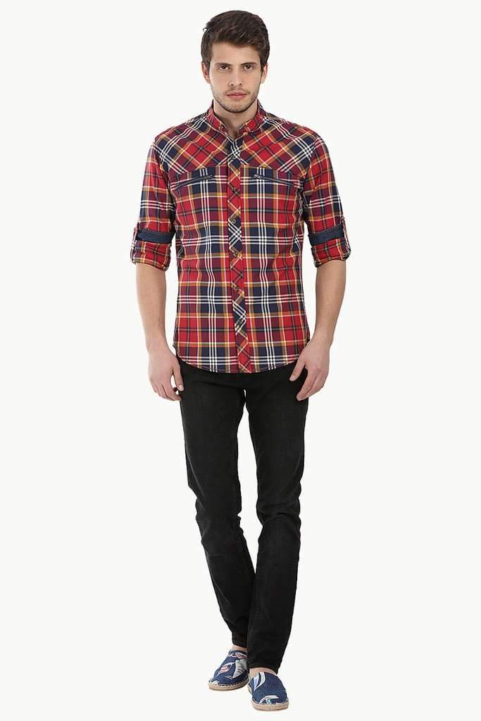 Chinese Collar Plaid Shirt With Zipper Detail