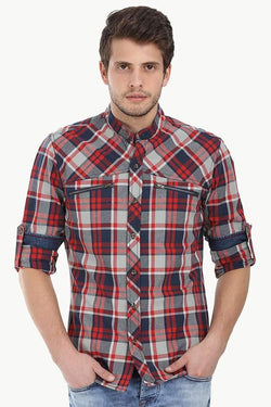 Chinese Collar Plaid Shirt With Zipper Detail