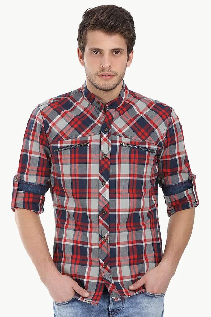 Chinese Collar Plaid Shirt With Zipper Detail