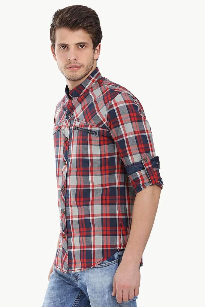 Chinese Collar Plaid Shirt With Zipper Detail