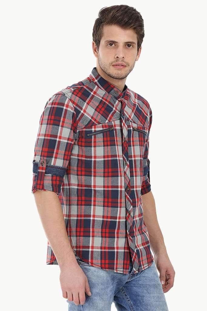 Chinese Collar Plaid Shirt With Zipper Detail