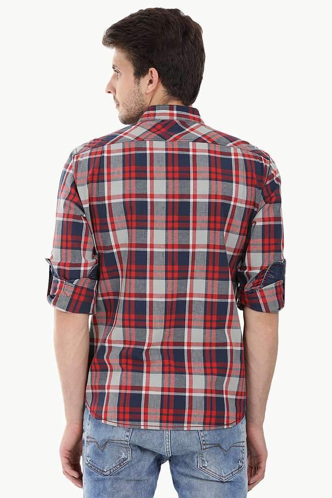 Chinese Collar Plaid Shirt With Zipper Detail