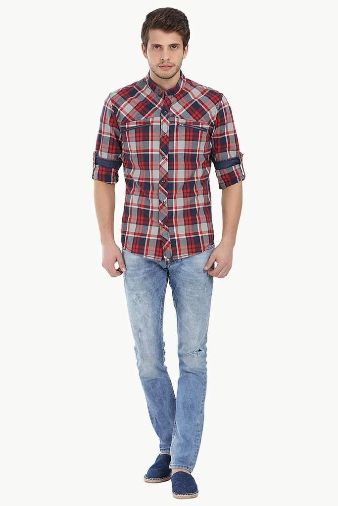 Chinese Collar Plaid Shirt With Zipper Detail