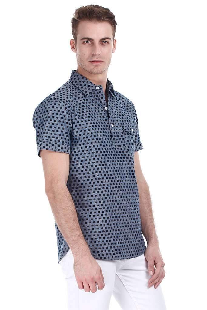 Square Print Mid Wash Denim Pullover Shirt