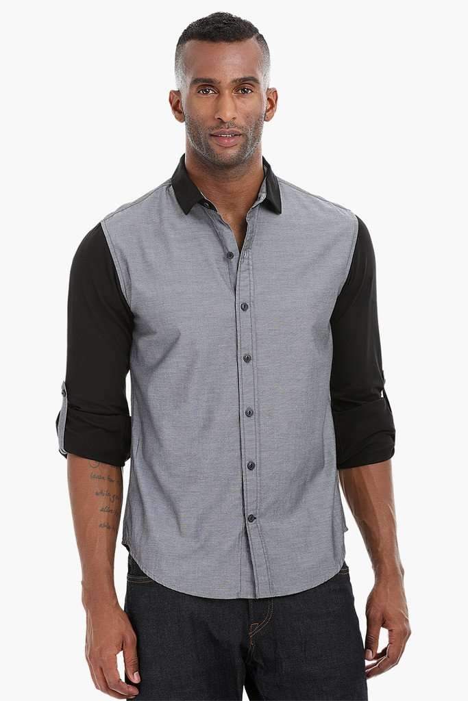 Contrast Knit Sleeve Cotton Shirt
