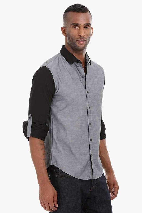 Contrast Knit Sleeve Cotton Shirt