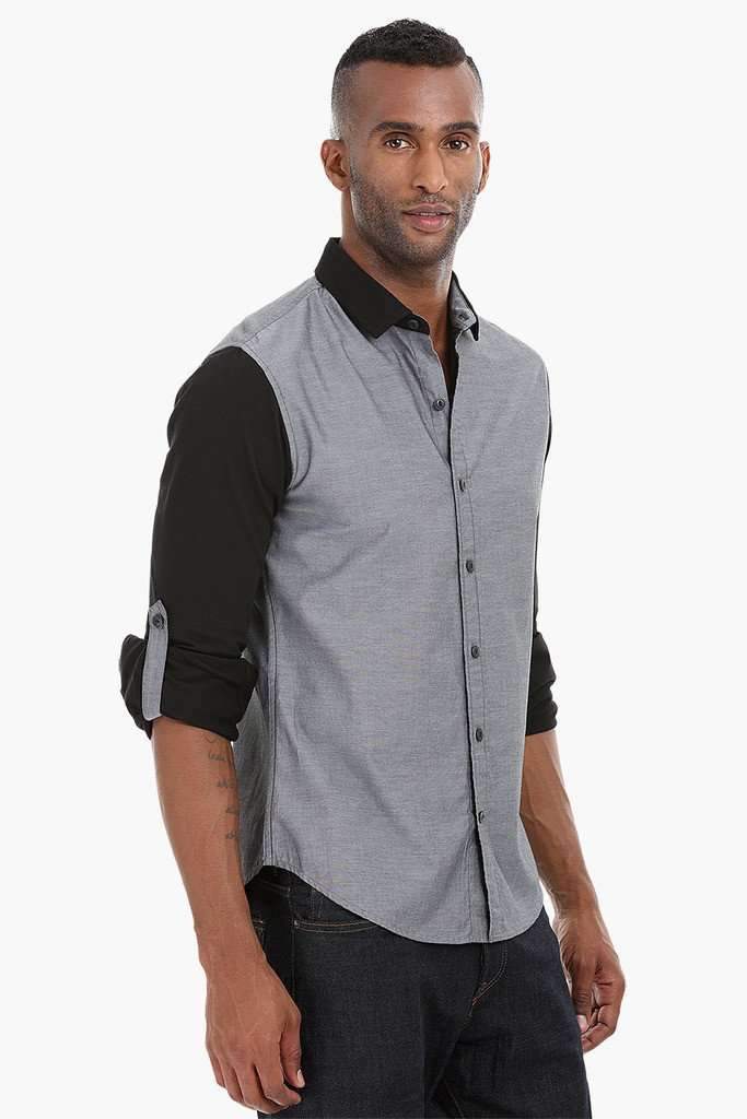 Contrast Knit Sleeve Cotton Shirt