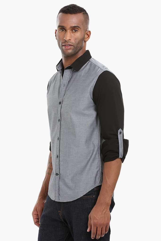 Contrast Knit Sleeve Cotton Shirt