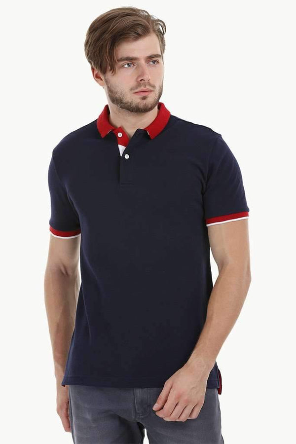 Contrast Placket Navy Polo T-Shirt