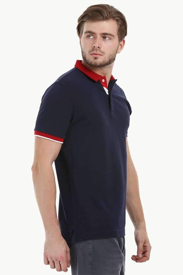 Contrast Placket Navy Polo T-Shirt