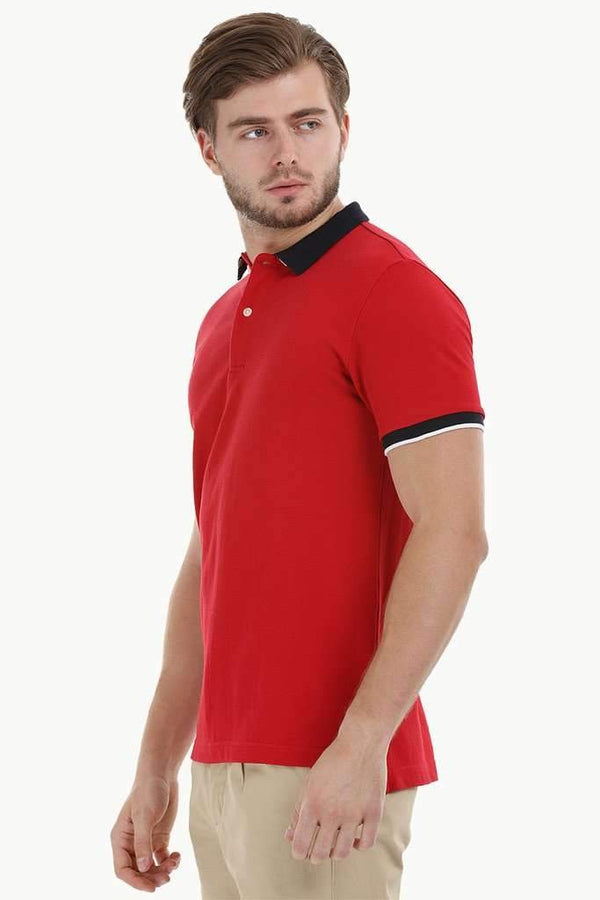 Contrast Placket Red Polo T-Shirt