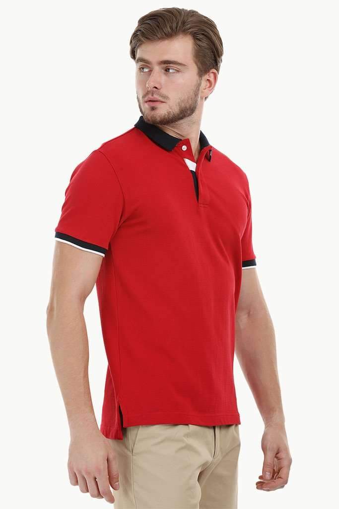 Contrast Placket Red Polo T-Shirt