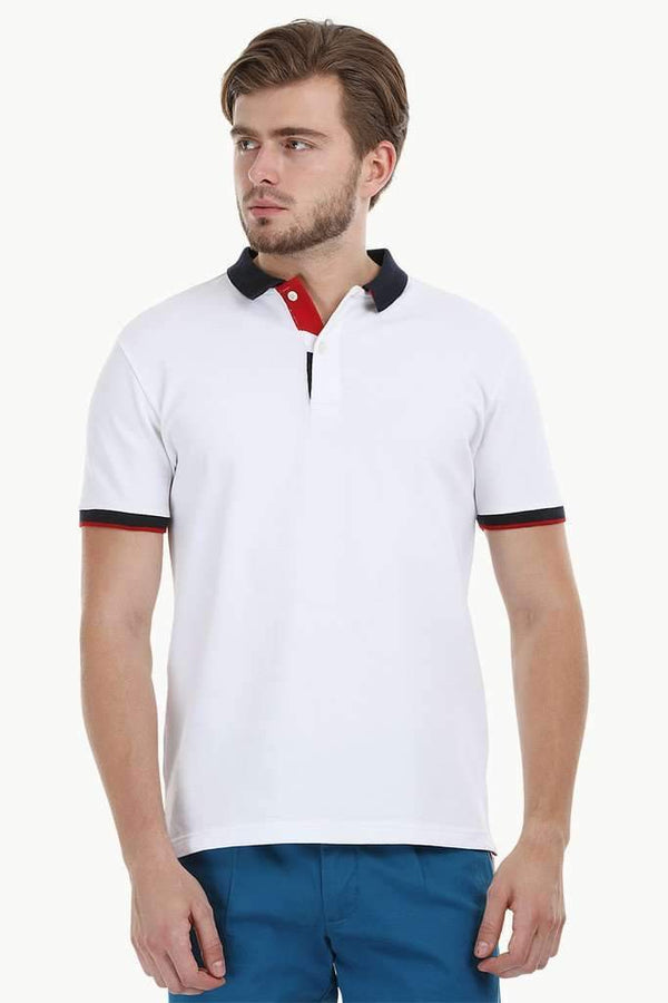 Contrast Placket White Polo T-Shirt