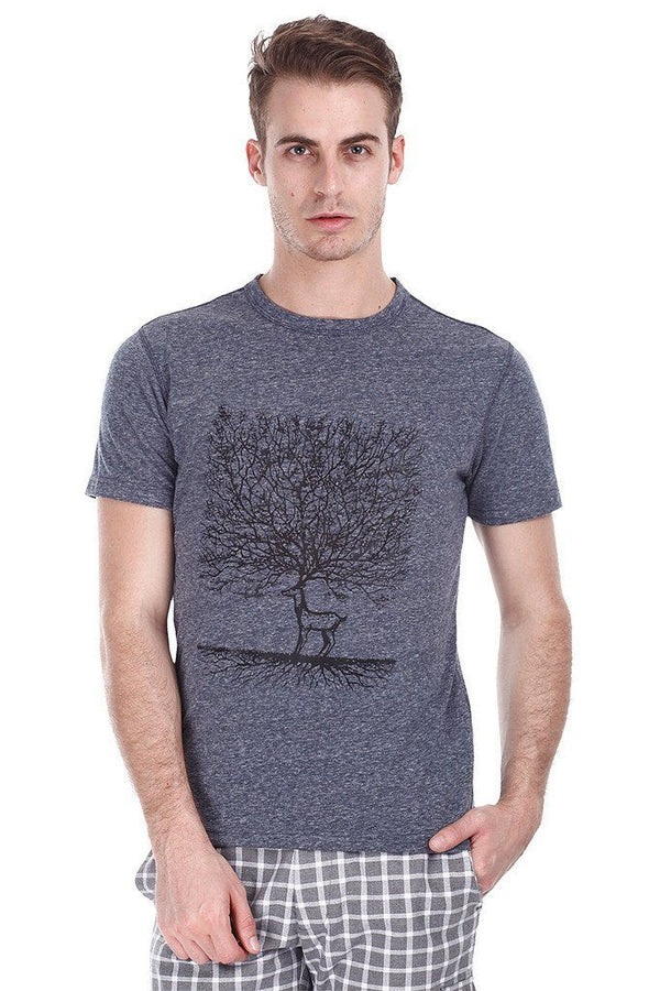 Crew Neck Deer Print Heather Tee