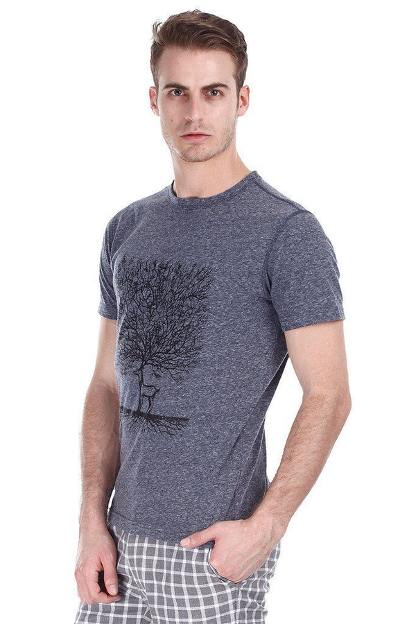 Crew Neck Deer Print Heather Tee