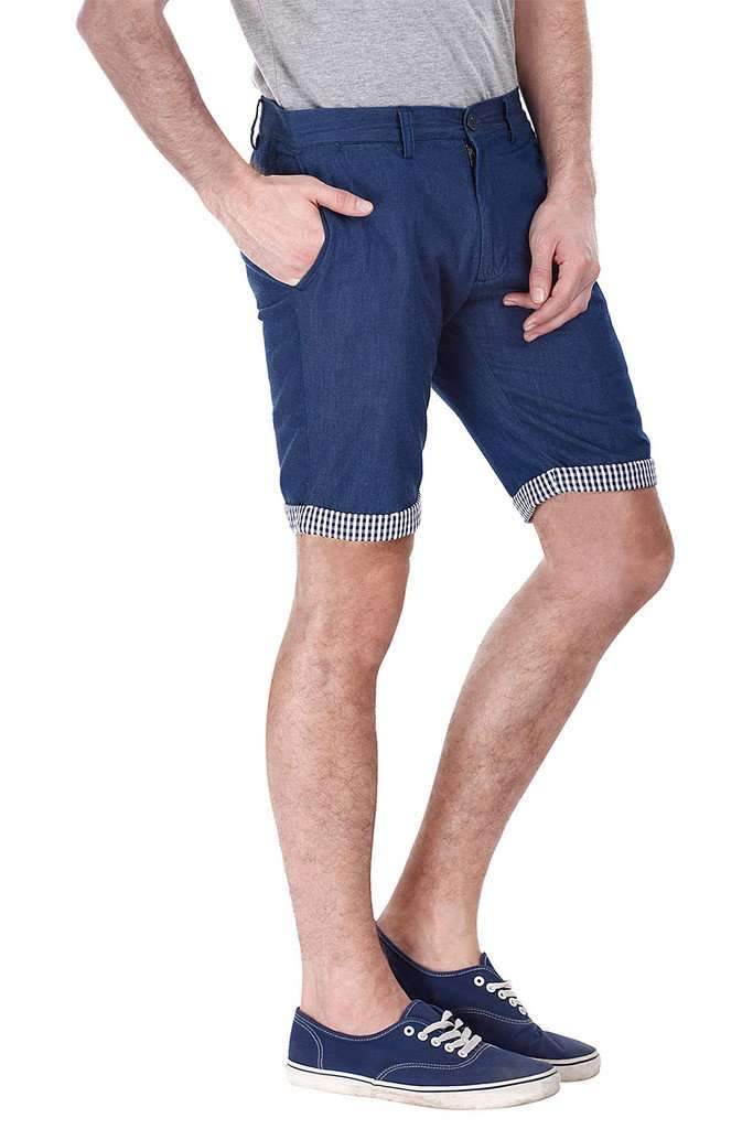 Denim Slub Shorts With Roll Up Check Detail
