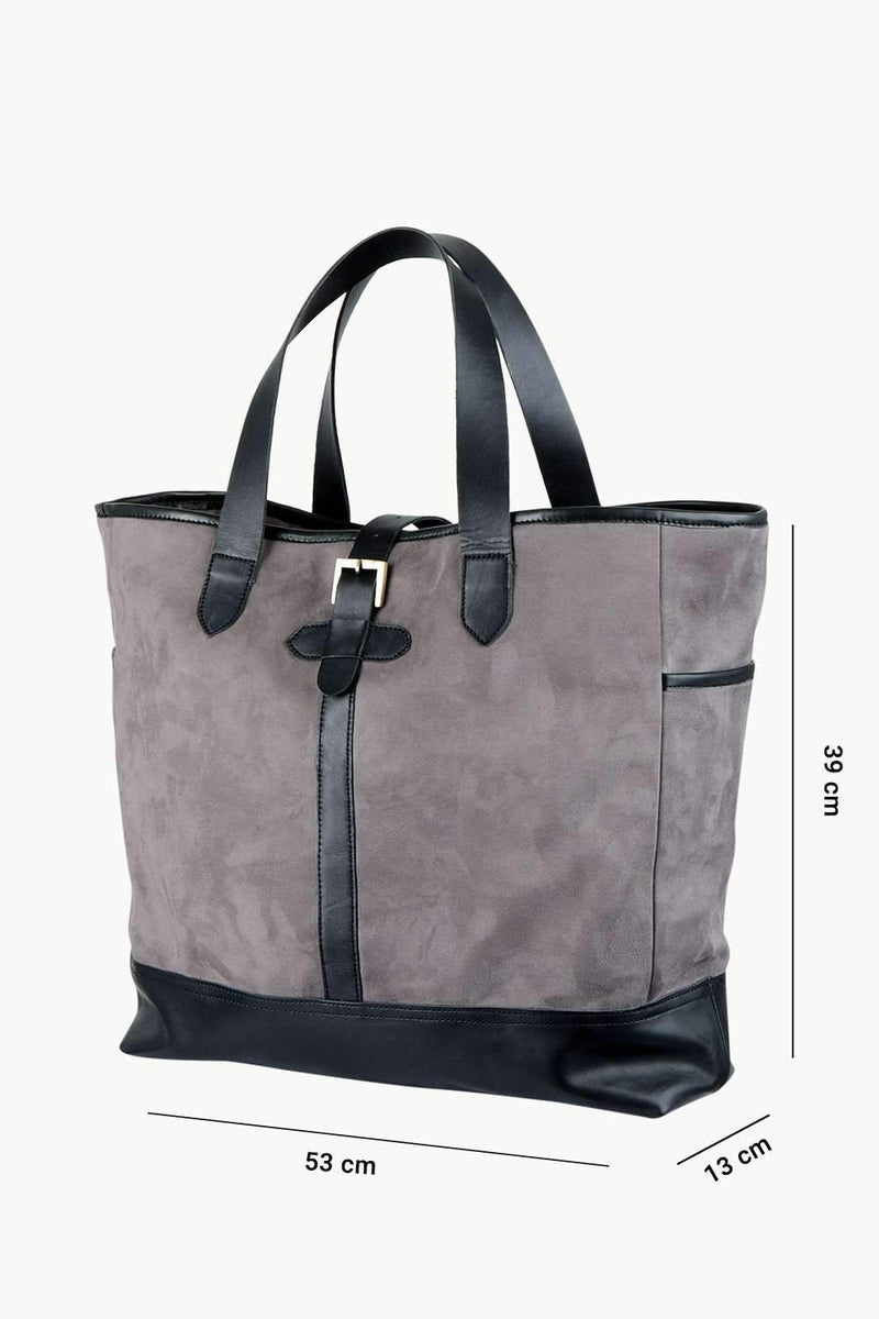 Faux Leather Detail Suede Tote Bag
