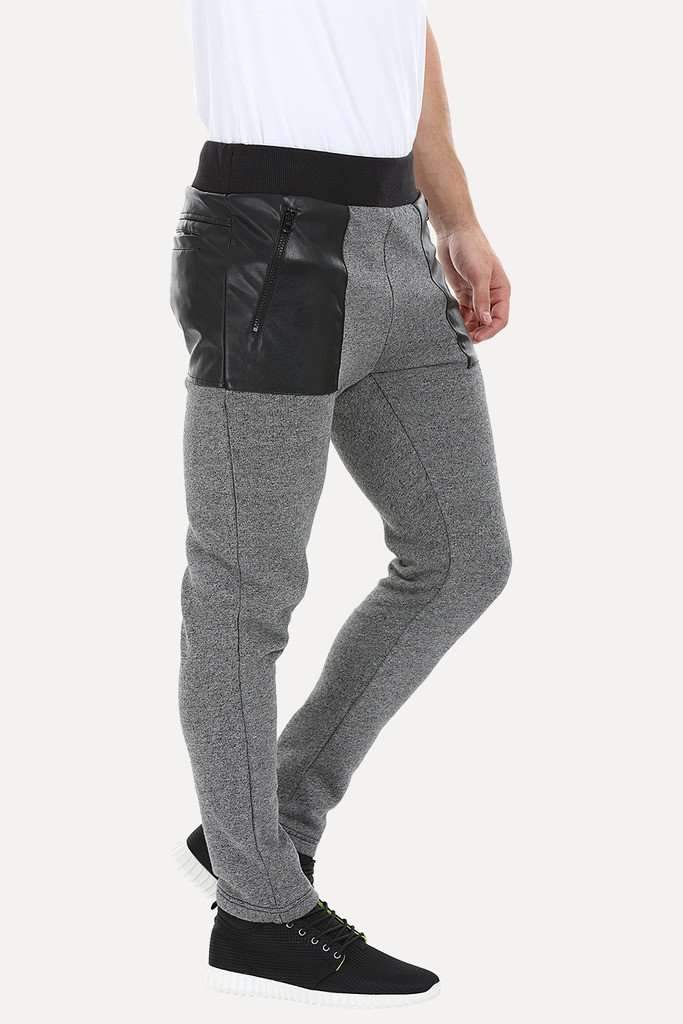 Heather Knit Sweatpants With Faux Leather Patch