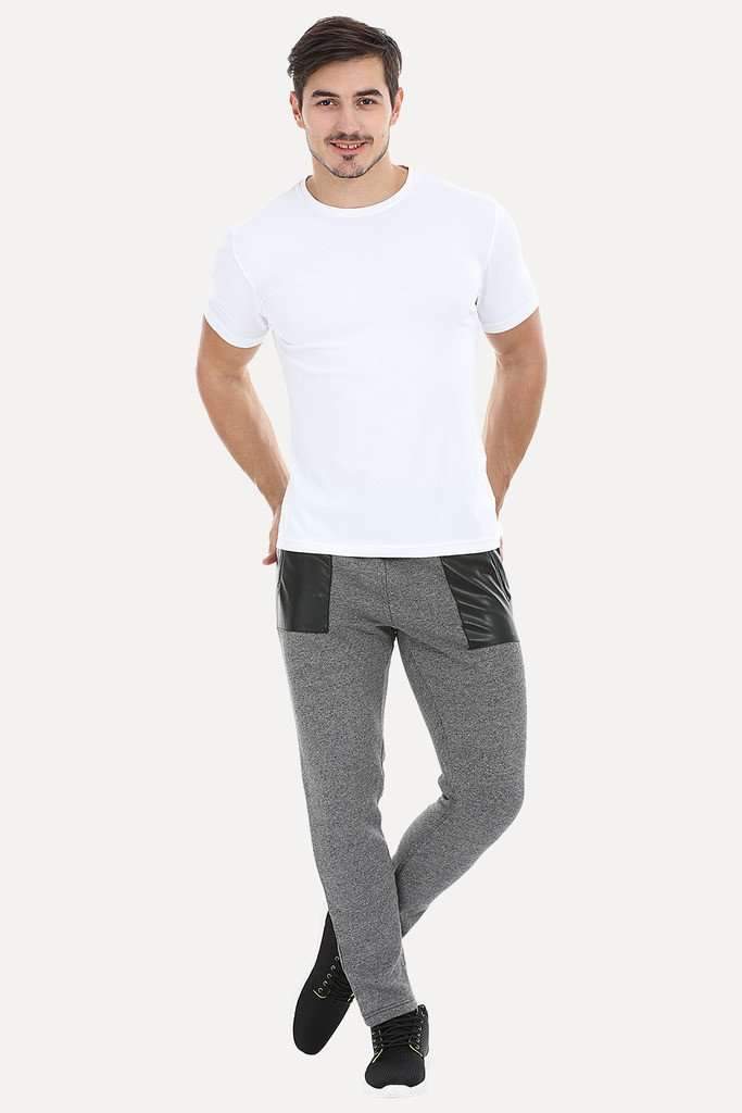 Heather Knit Sweatpants With Faux Leather Patch