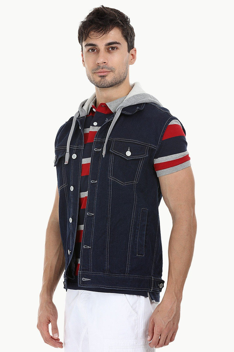 Hooded Sleeveless Indigo Denim Jacket