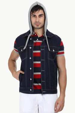 Hooded Sleeveless Indigo Denim Jacket