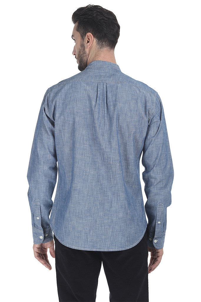Indigo Band Collar Shirt With Tie Placket – brinell