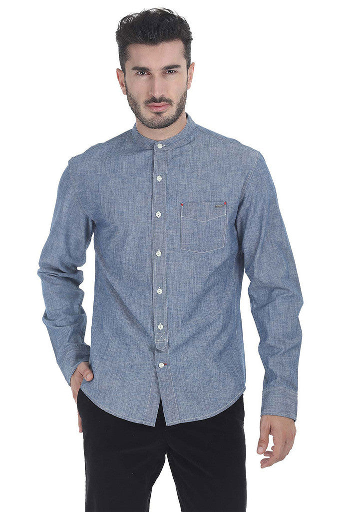 Indigo Band Collar Shirt With Tie Placket