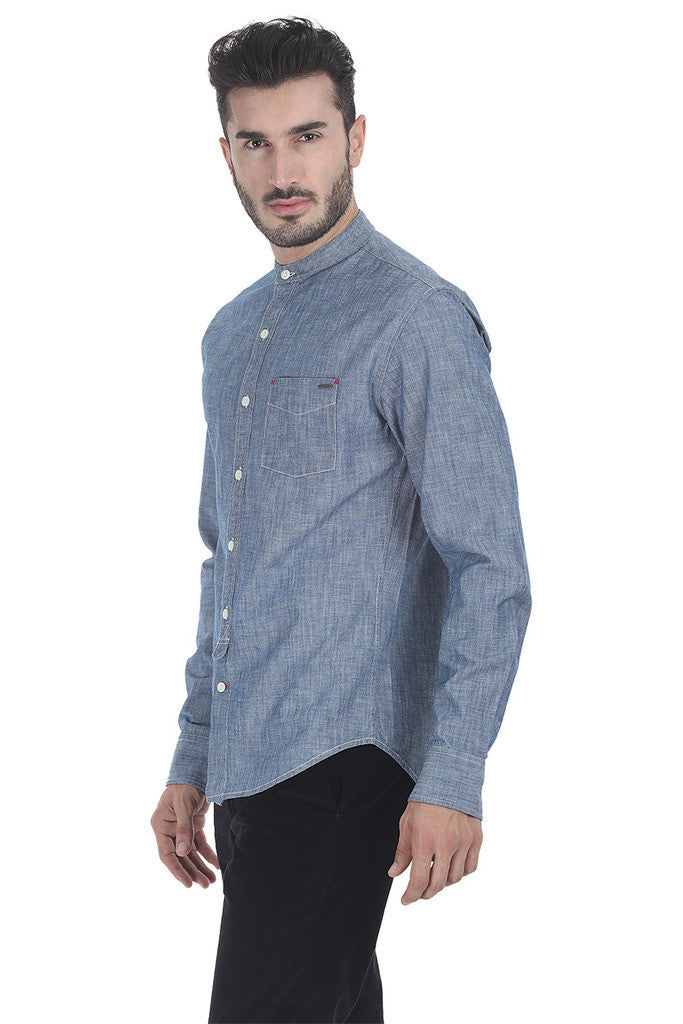 Indigo Band Collar Shirt With Tie Placket