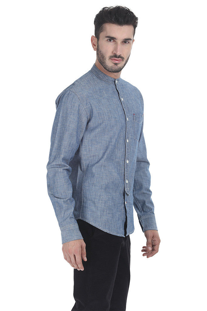 Indigo Band Collar Shirt With Tie Placket