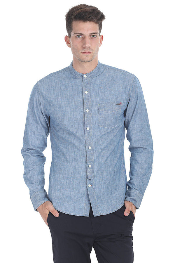 Indigo Band Collar Shirt With Tie Placket