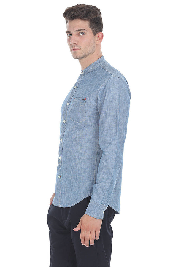 Indigo Band Collar Shirt With Tie Placket