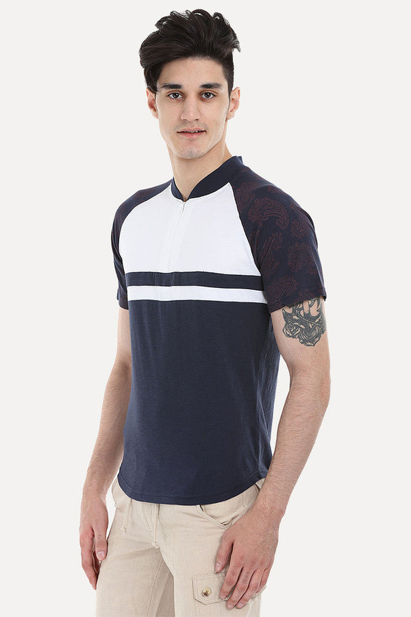 Navy And White Paisley Block Raglan Tee