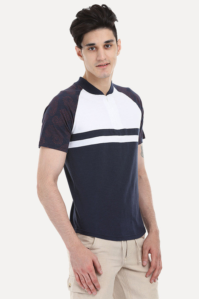 Navy And White Paisley Block Raglan Tee