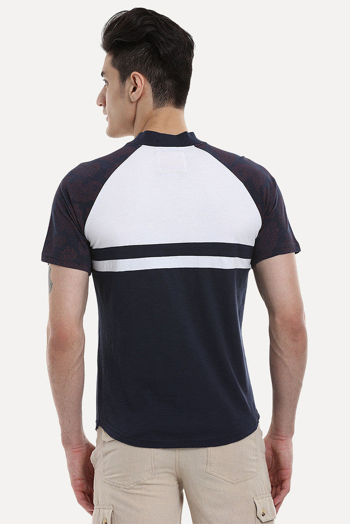 Navy And White Paisley Block Raglan Tee