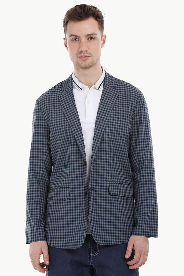 Navy Gingham Check Casual Blazer